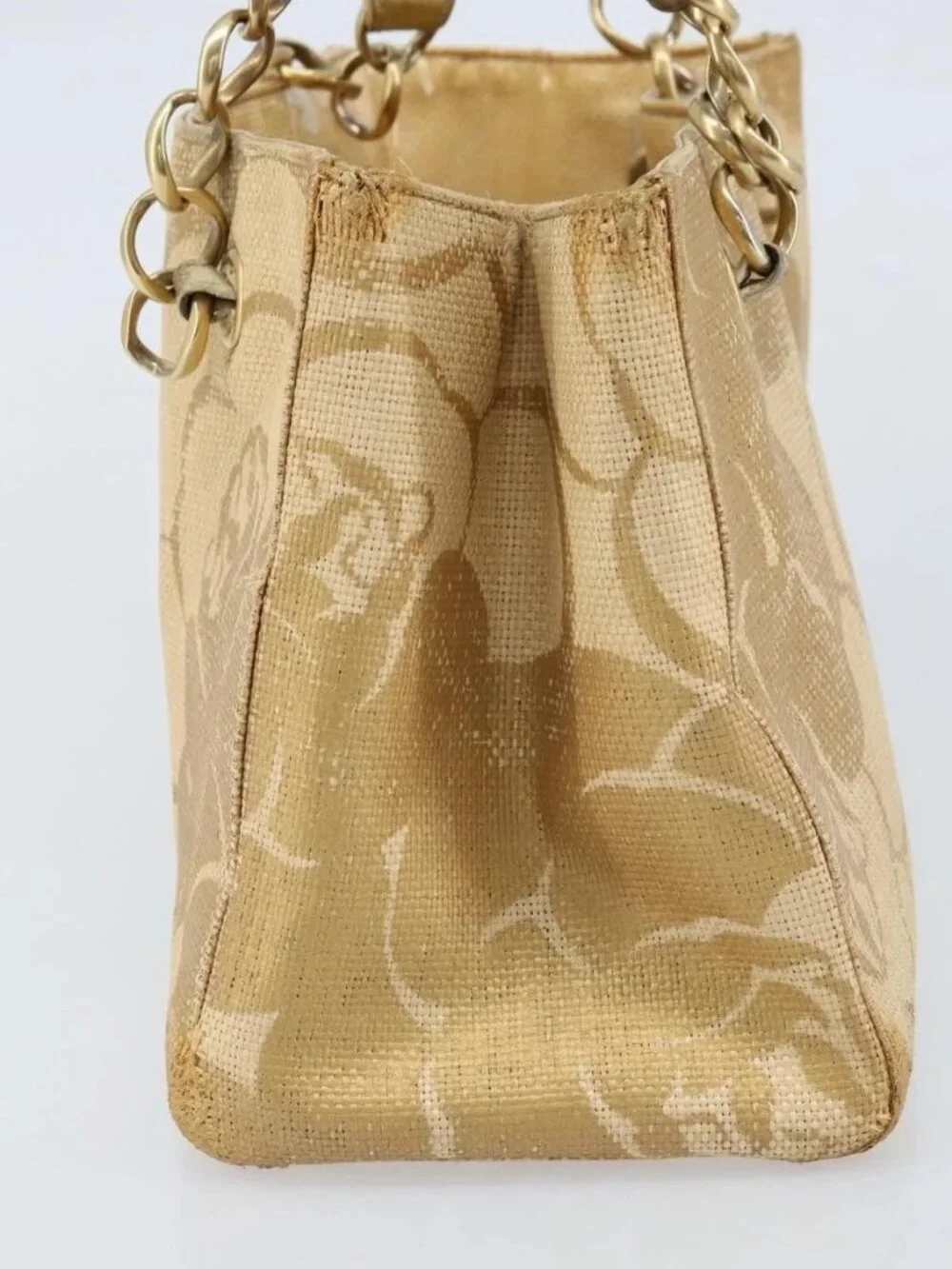 CHANEL Tote Bag Straw Beige Gold CC Auth bs33645